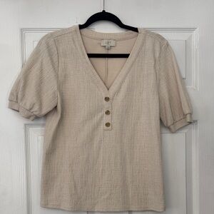 LOFT Beige Textured V-Neck Blouse